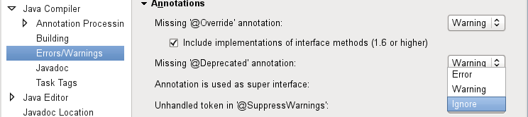 Settings for: Unhandled token in @SuppressWarnings